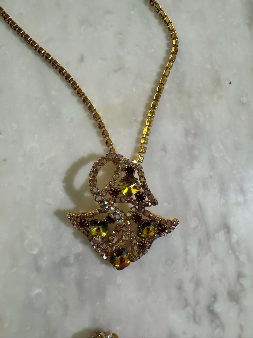 Vintage Antique-Vibe Gold Toned Bold Green Brooch, Earring, and Necklace Set
